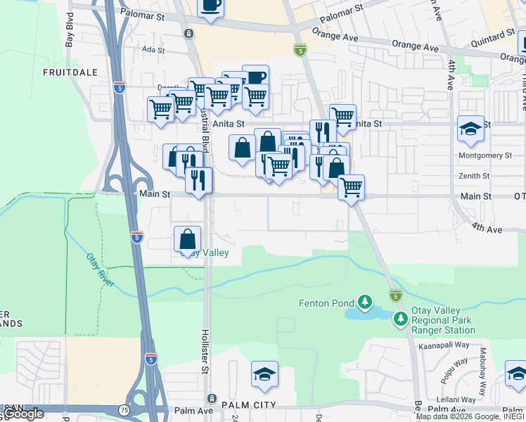 map of restaurants, bars, coffee shops, grocery stores, and more near 2445 Main Street in Chula Vista