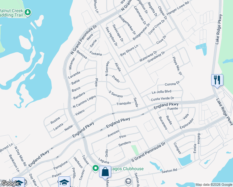 map of restaurants, bars, coffee shops, grocery stores, and more near 2844 South Serrano in Grand Prairie