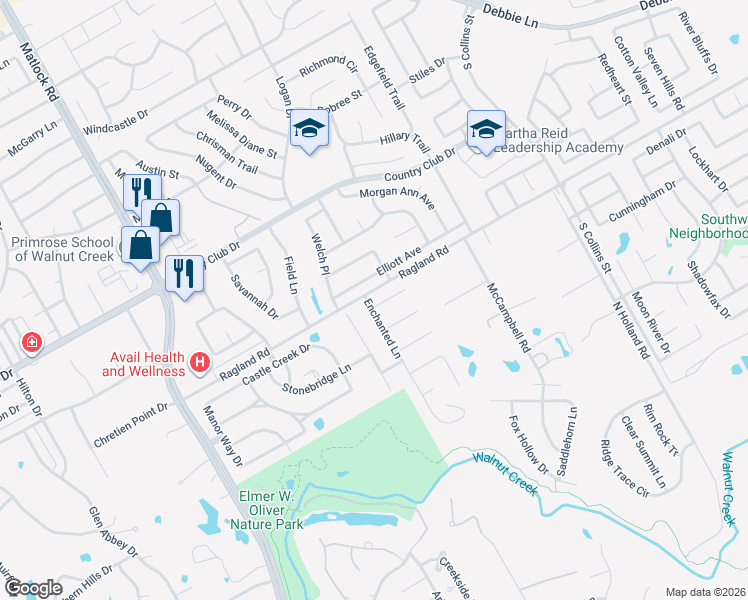 map of restaurants, bars, coffee shops, grocery stores, and more near 18 Enchanted Court in Mansfield