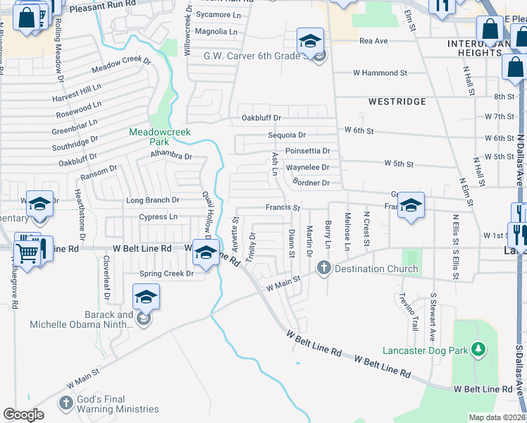 map of restaurants, bars, coffee shops, grocery stores, and more near 916 Francis Street in Lancaster