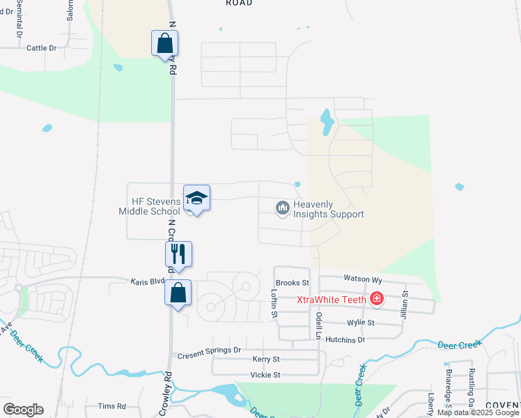 map of restaurants, bars, coffee shops, grocery stores, and more near 425 Alpine Court in Crowley