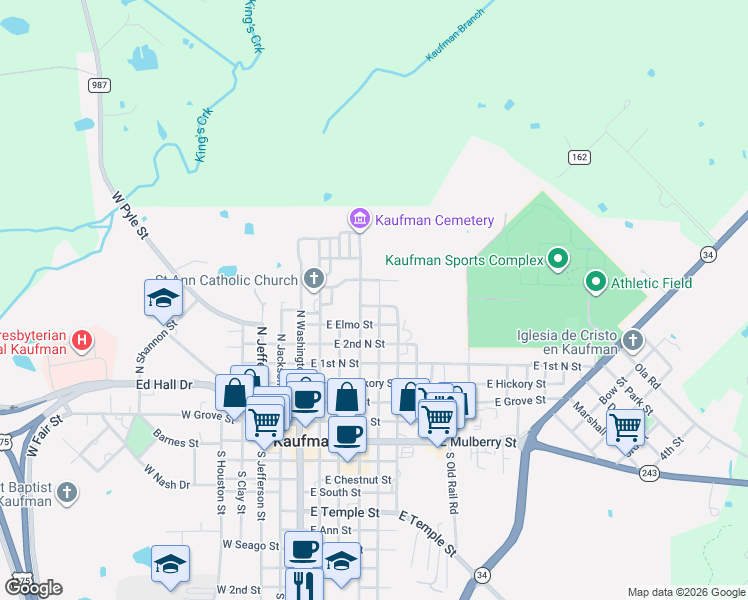 map of restaurants, bars, coffee shops, grocery stores, and more near 703 North Wilson Street in Kaufman