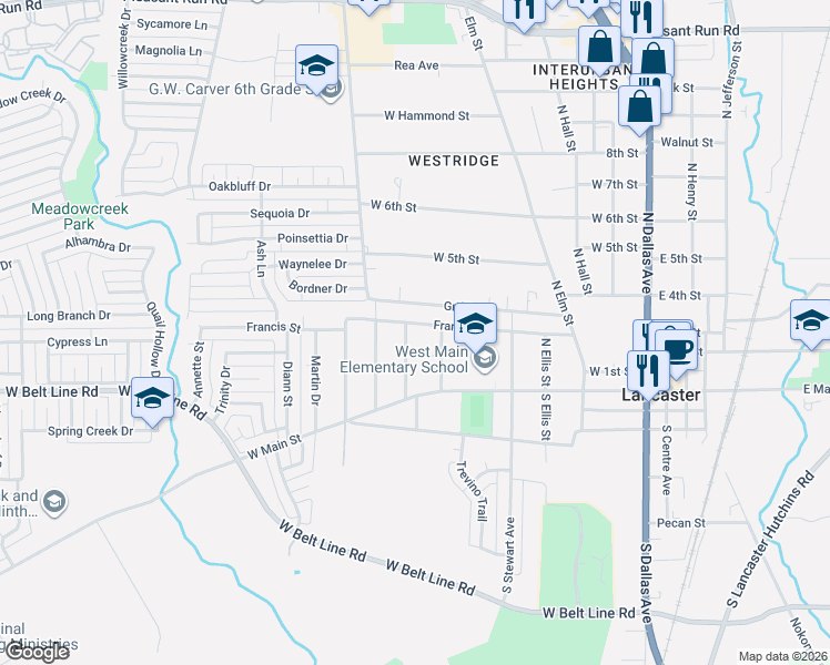 map of restaurants, bars, coffee shops, grocery stores, and more near 201 Mimosa Lane in Lancaster