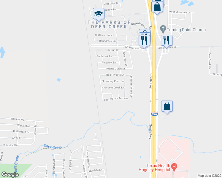 map of restaurants, bars, coffee shops, grocery stores, and more near 421 Crescent Creek Lane in Fort Worth