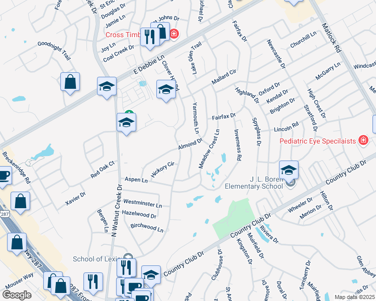 map of restaurants, bars, coffee shops, grocery stores, and more near 1521 Berkeley Drive in Mansfield