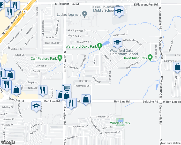 map of restaurants, bars, coffee shops, grocery stores, and more near 1161 Calvert Drive in Cedar Hill