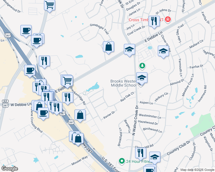 map of restaurants, bars, coffee shops, grocery stores, and more near 1428 Holley Creek Lane in Mansfield