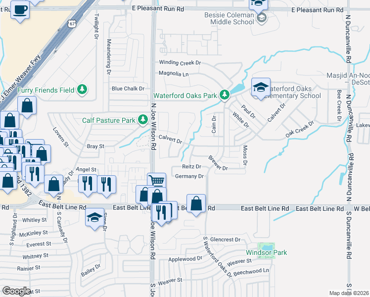 map of restaurants, bars, coffee shops, grocery stores, and more near 123 Chamblin Drive in Cedar Hill