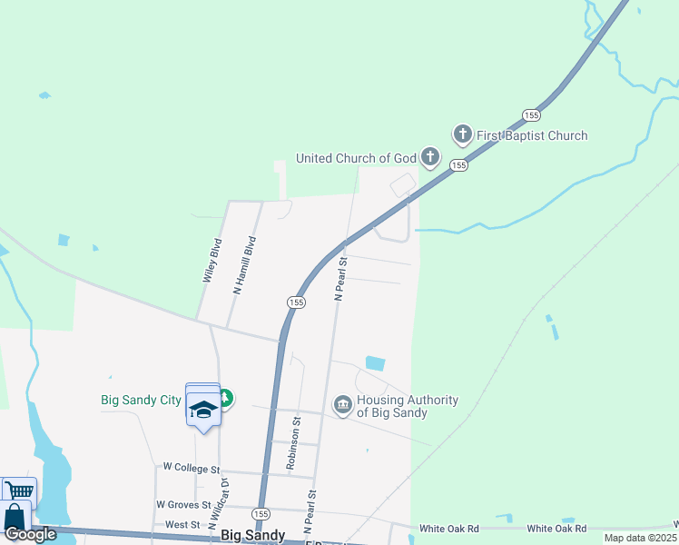 map of restaurants, bars, coffee shops, grocery stores, and more near 642 North Pearl Street in Big Sandy