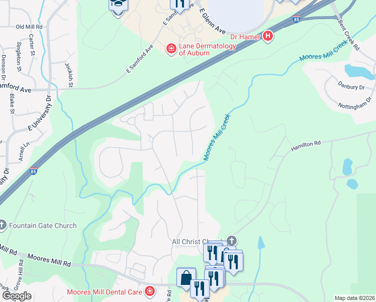 map of restaurants, bars, coffee shops, grocery stores, and more near 724 Highland Road in Auburn