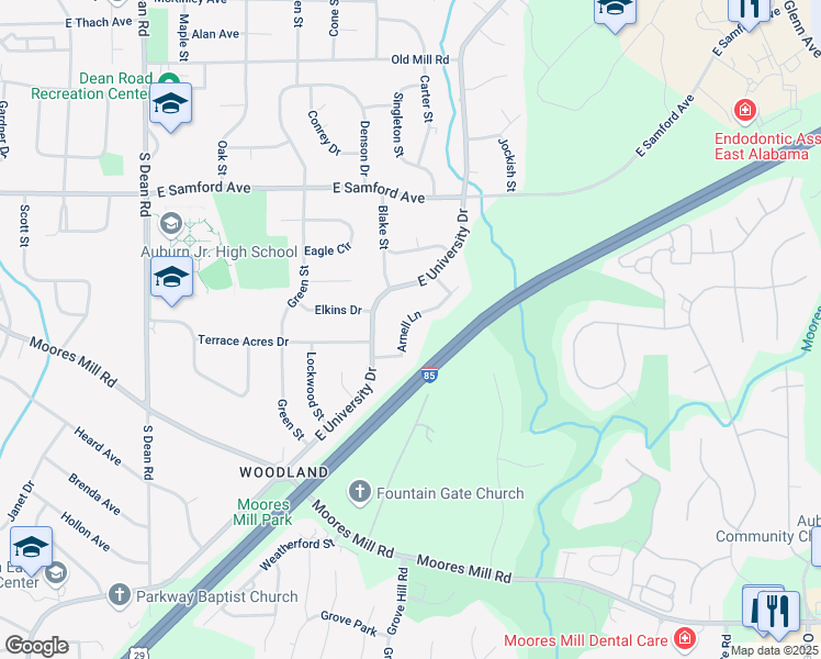 map of restaurants, bars, coffee shops, grocery stores, and more near 463 Arnell Lane in Auburn