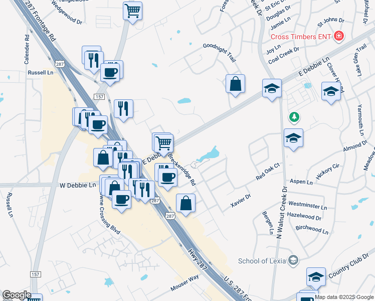 map of restaurants, bars, coffee shops, grocery stores, and more near 200 East Debbie Lane in Mansfield