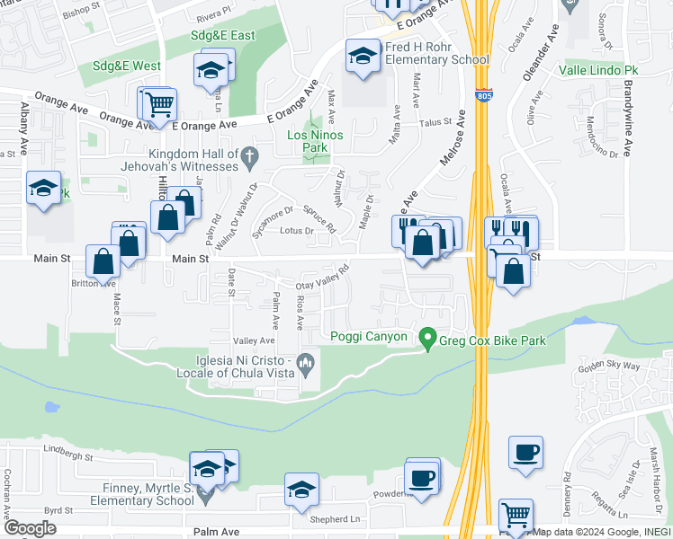 map of restaurants, bars, coffee shops, grocery stores, and more near 237 Otay Valley Road in Chula Vista