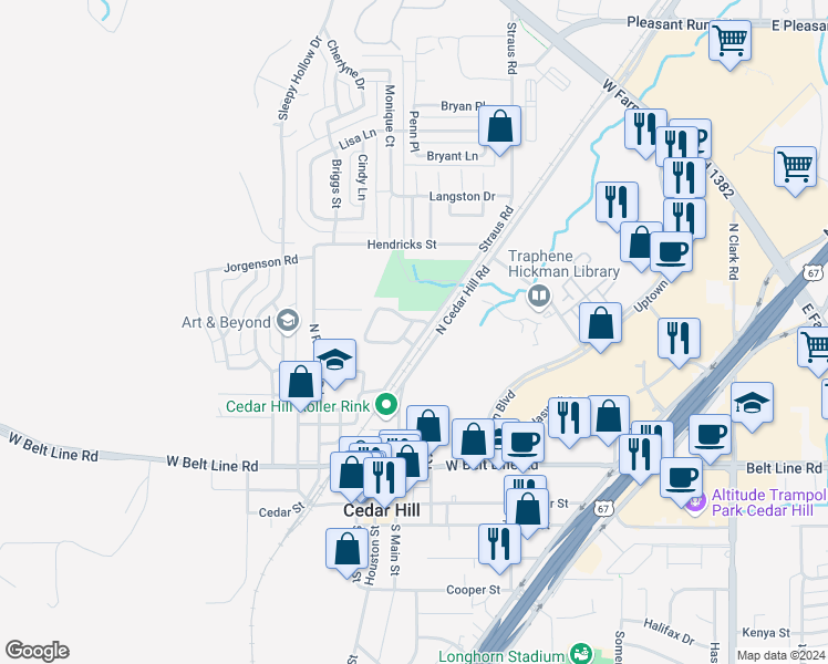 map of restaurants, bars, coffee shops, grocery stores, and more near 508 Phillip Drive in Cedar Hill