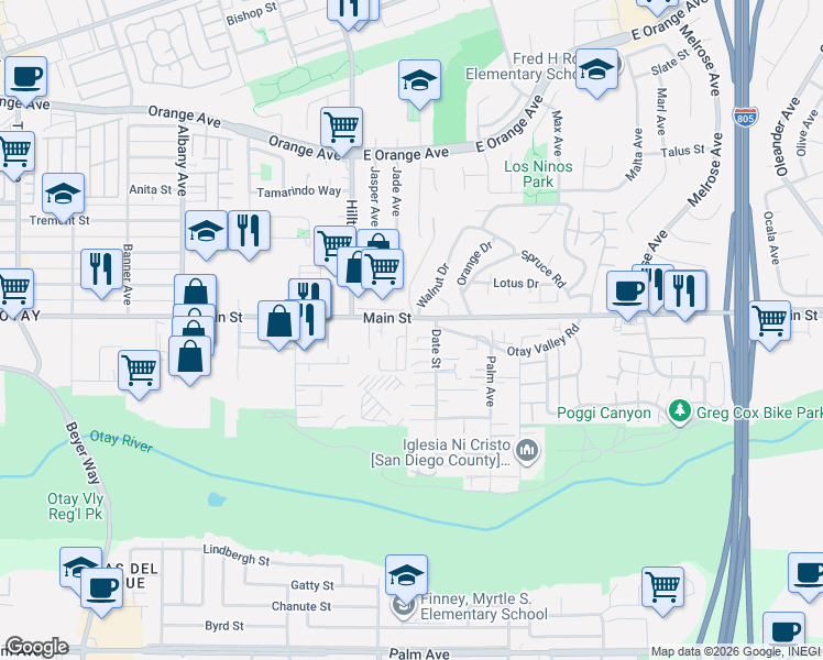 map of restaurants, bars, coffee shops, grocery stores, and more near 3802 Main Street in Chula Vista