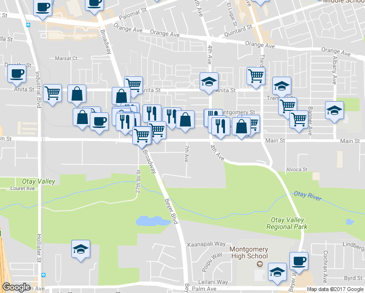 map of restaurants, bars, coffee shops, grocery stores, and more near 2864 Main Street in Chula Vista