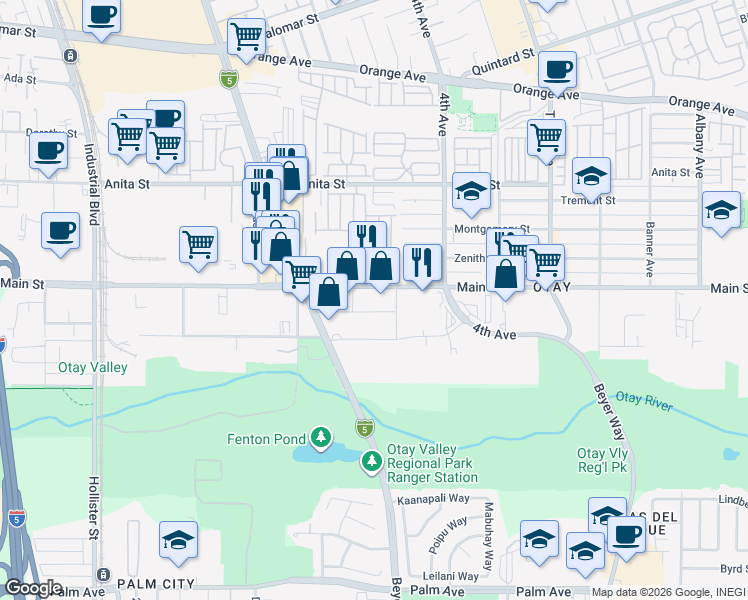 map of restaurants, bars, coffee shops, grocery stores, and more near 2864 Main Street in Chula Vista