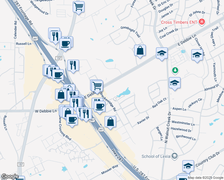map of restaurants, bars, coffee shops, grocery stores, and more near 200 East Debbie Lane in Mansfield