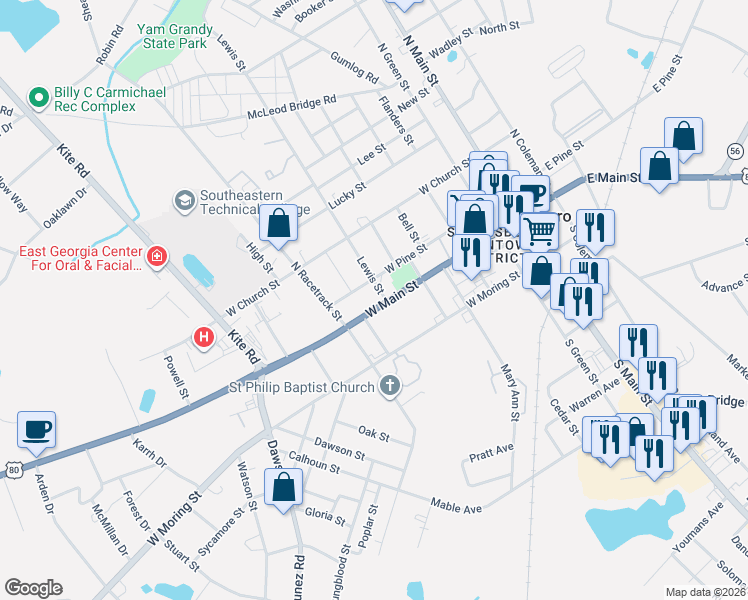 map of restaurants, bars, coffee shops, grocery stores, and more near 114 Jefferson Street in Swainsboro