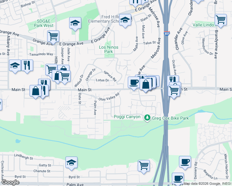 map of restaurants, bars, coffee shops, grocery stores, and more near 237 Otay Valley Road in Chula Vista