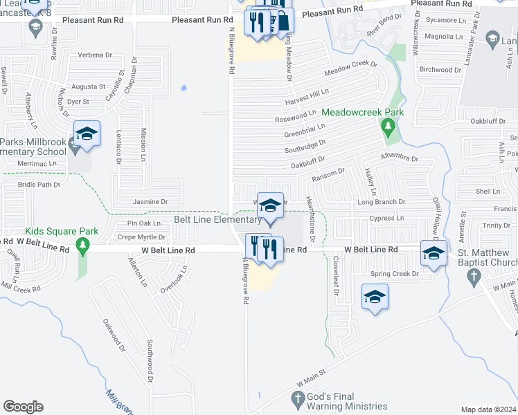 map of restaurants, bars, coffee shops, grocery stores, and more near 1450 Waldrop Drive in Lancaster