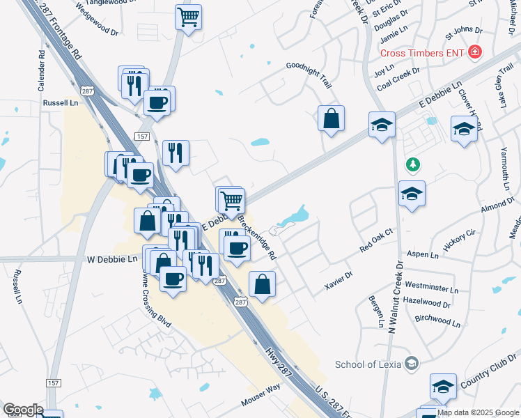 map of restaurants, bars, coffee shops, grocery stores, and more near 108 Debbie Lane in Mansfield