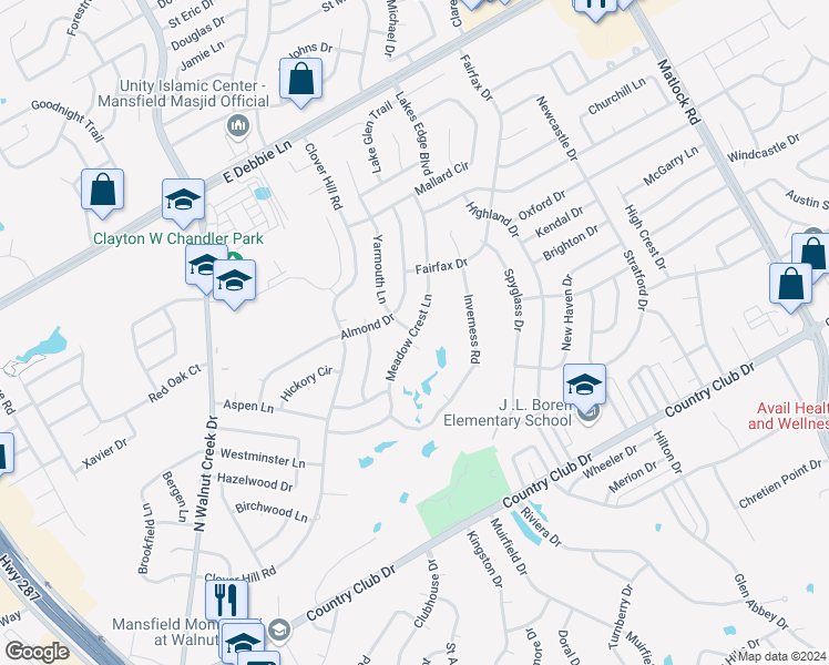 map of restaurants, bars, coffee shops, grocery stores, and more near Meadow Crest Lane in Mansfield