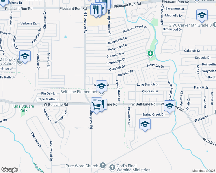 map of restaurants, bars, coffee shops, grocery stores, and more near 1422 Waldrop Drive in Lancaster