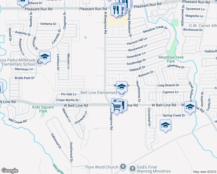 map of restaurants, bars, coffee shops, grocery stores, and more near 1470 Waldrop Drive in Lancaster