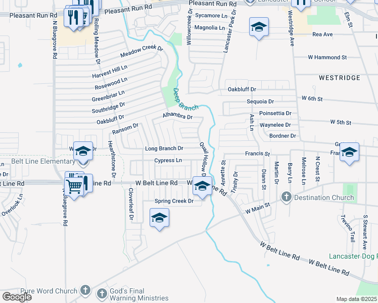 map of restaurants, bars, coffee shops, grocery stores, and more near 1219 Long Branch Drive in Lancaster