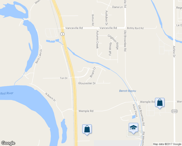 map of restaurants, bars, coffee shops, grocery stores, and more near 317 Briars Court in Bossier City