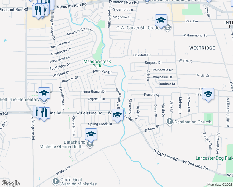 map of restaurants, bars, coffee shops, grocery stores, and more near 614 Quail Hollow Drive in Lancaster