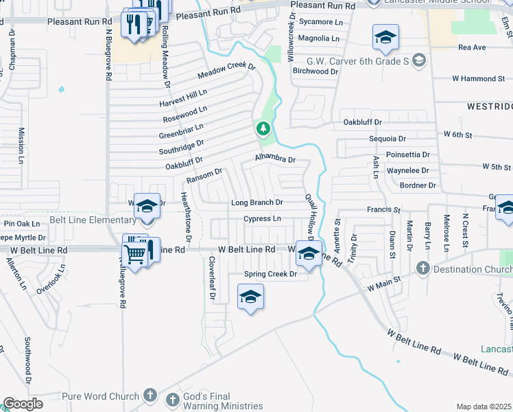map of restaurants, bars, coffee shops, grocery stores, and more near 1270 Long Branch Drive in Lancaster