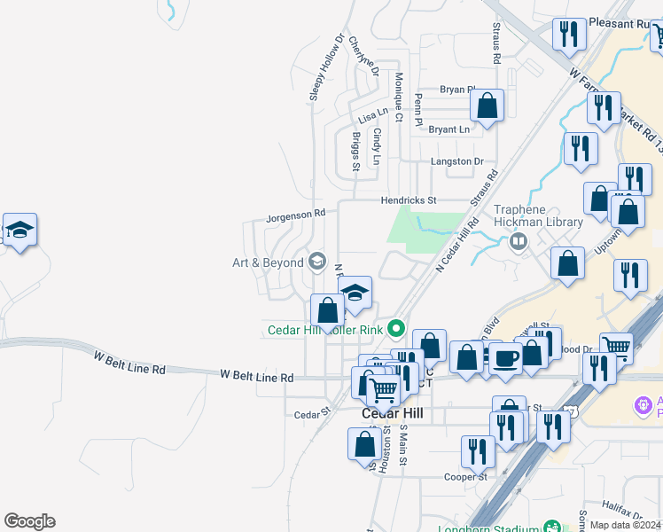 map of restaurants, bars, coffee shops, grocery stores, and more near 452 North Roberts Road in Cedar Hill