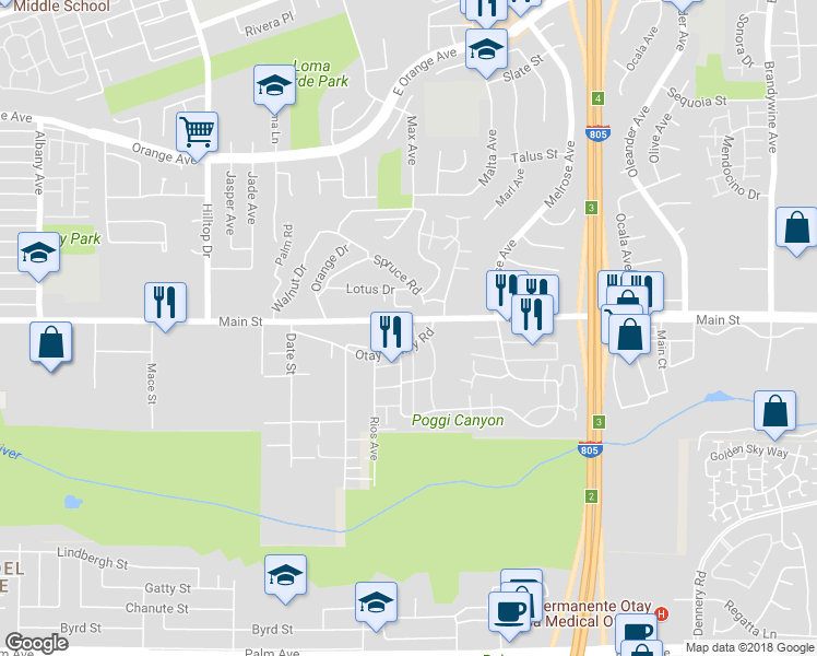 map of restaurants, bars, coffee shops, grocery stores, and more near 225 Otay Valley Road in Chula Vista