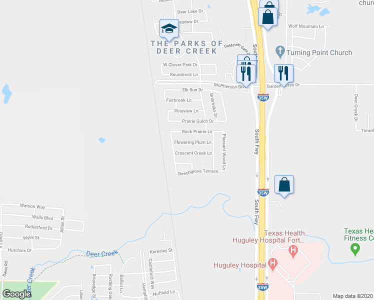 map of restaurants, bars, coffee shops, grocery stores, and more near 504 Crescent Creek Lane in Fort Worth
