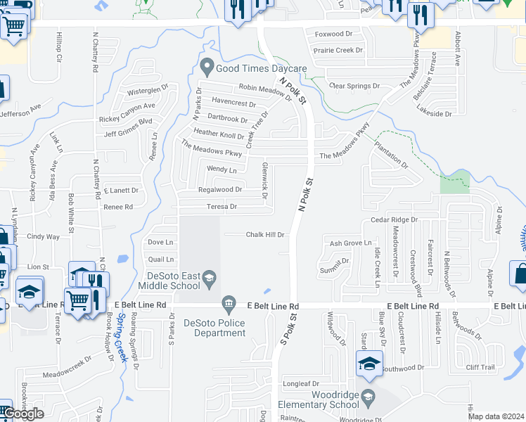 map of restaurants, bars, coffee shops, grocery stores, and more near 744 Teresa Drive in DeSoto