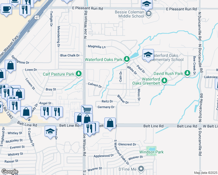 map of restaurants, bars, coffee shops, grocery stores, and more near 1107 Parker Court in Cedar Hill