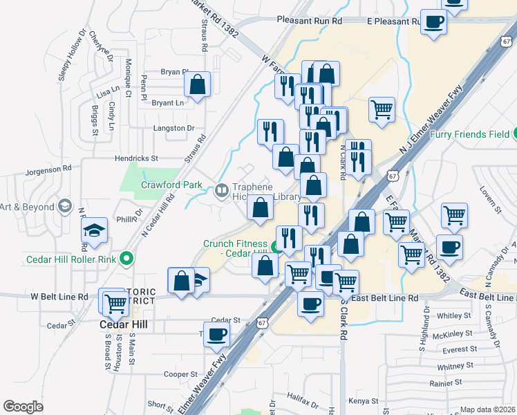 map of restaurants, bars, coffee shops, grocery stores, and more near 365 Uptown Boulevard in Cedar Hill