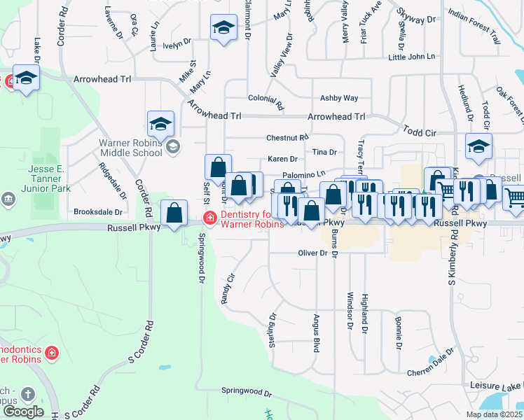 map of restaurants, bars, coffee shops, grocery stores, and more near 114 Sonja Drive in Warner Robins