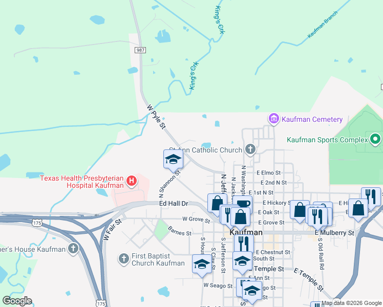 map of restaurants, bars, coffee shops, grocery stores, and more near 702 West Pyle Street in Kaufman