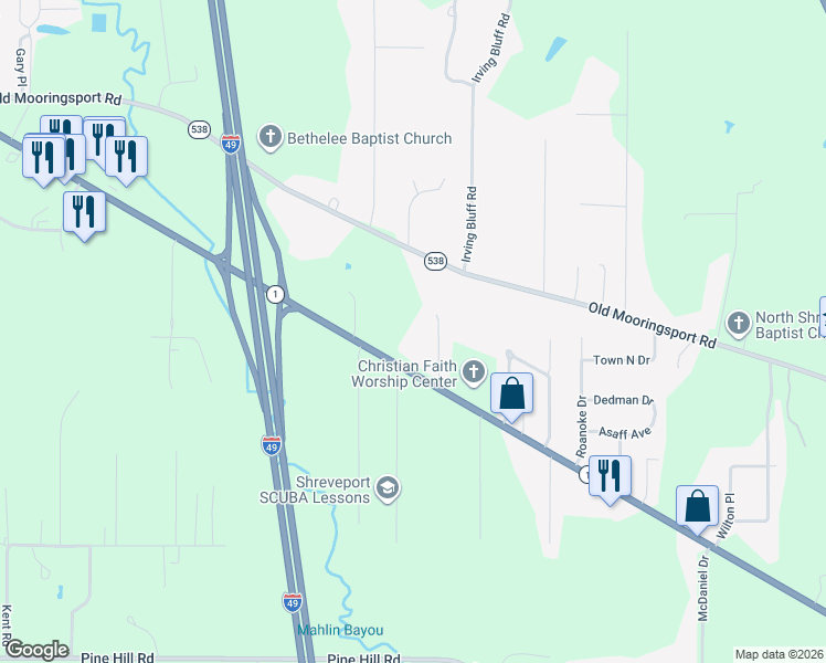 map of restaurants, bars, coffee shops, grocery stores, and more near 5244 Dalewood Drive in Shreveport