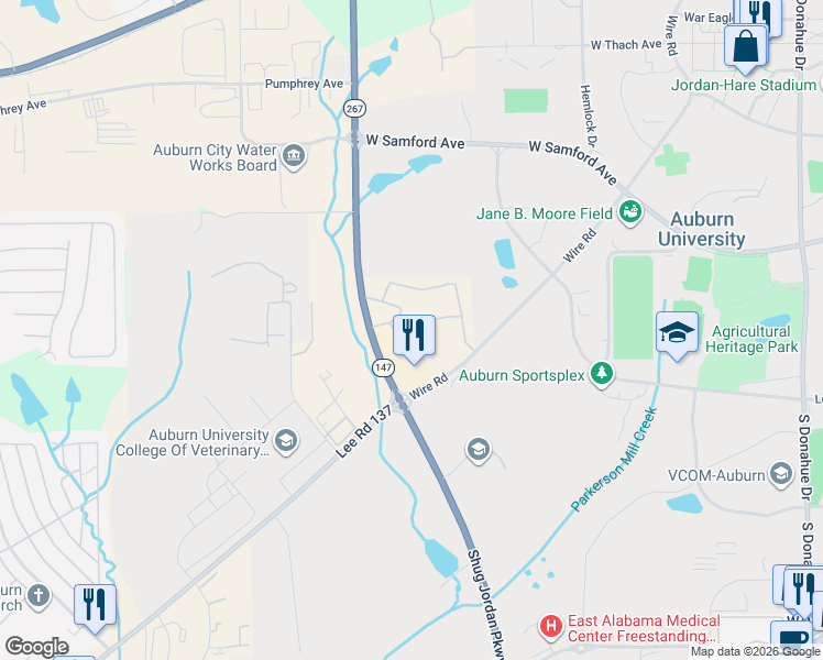 map of restaurants, bars, coffee shops, grocery stores, and more near 626 Alabama 267 in Auburn