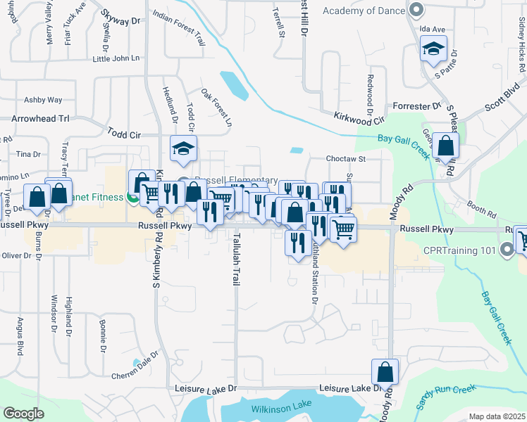 map of restaurants, bars, coffee shops, grocery stores, and more near 105 Marvin Boulevard in Warner Robins