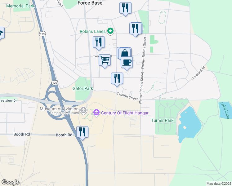 map of restaurants, bars, coffee shops, grocery stores, and more near 101 Habersham Lane in Robins Air Force Base