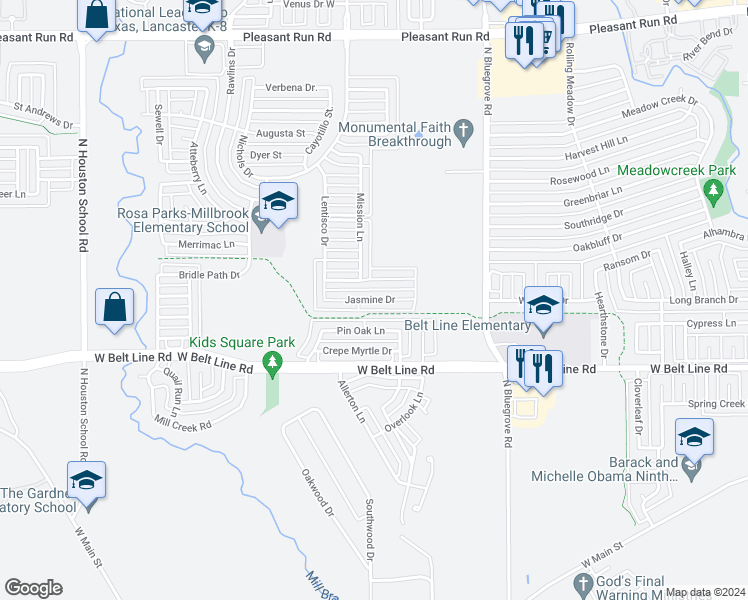 map of restaurants, bars, coffee shops, grocery stores, and more near Jasmine Drive in Lancaster