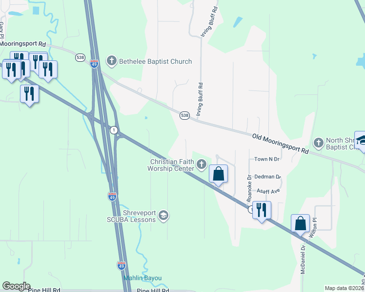 map of restaurants, bars, coffee shops, grocery stores, and more near 5244 Dalewood Drive in Shreveport