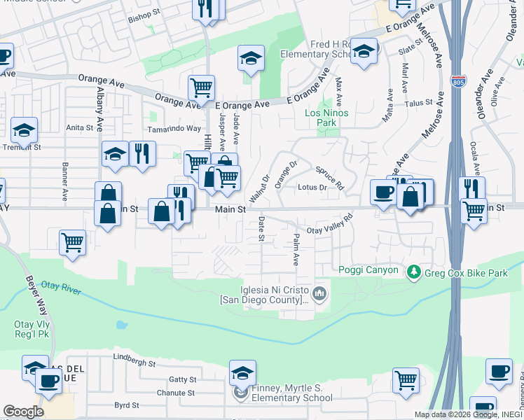 map of restaurants, bars, coffee shops, grocery stores, and more near Main Street in Chula Vista