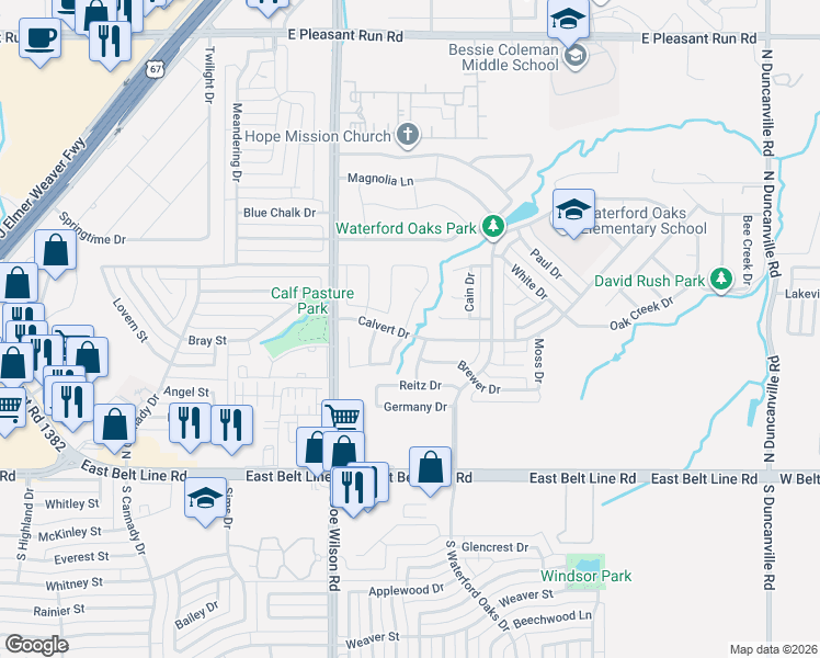 map of restaurants, bars, coffee shops, grocery stores, and more near 207 Chamblin Drive in Cedar Hill