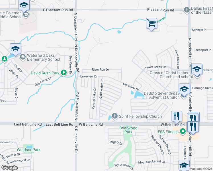 map of restaurants, bars, coffee shops, grocery stores, and more near 1733 Blue Stream Drive in DeSoto